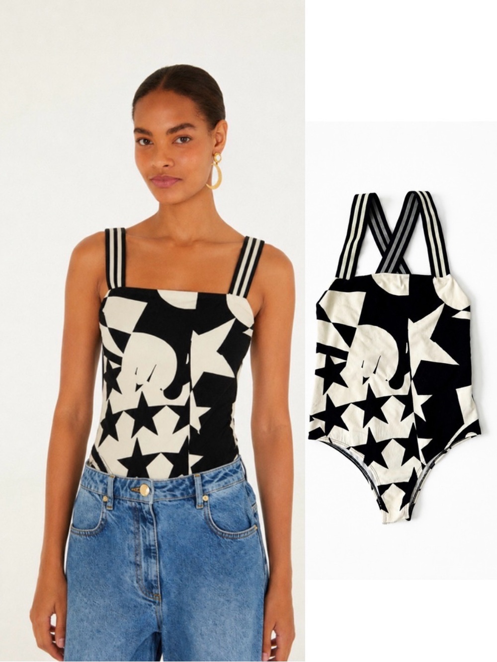 FARM Rio Black White Star Print Bodysuit Swimsuit Brazil Retro Chic Size M